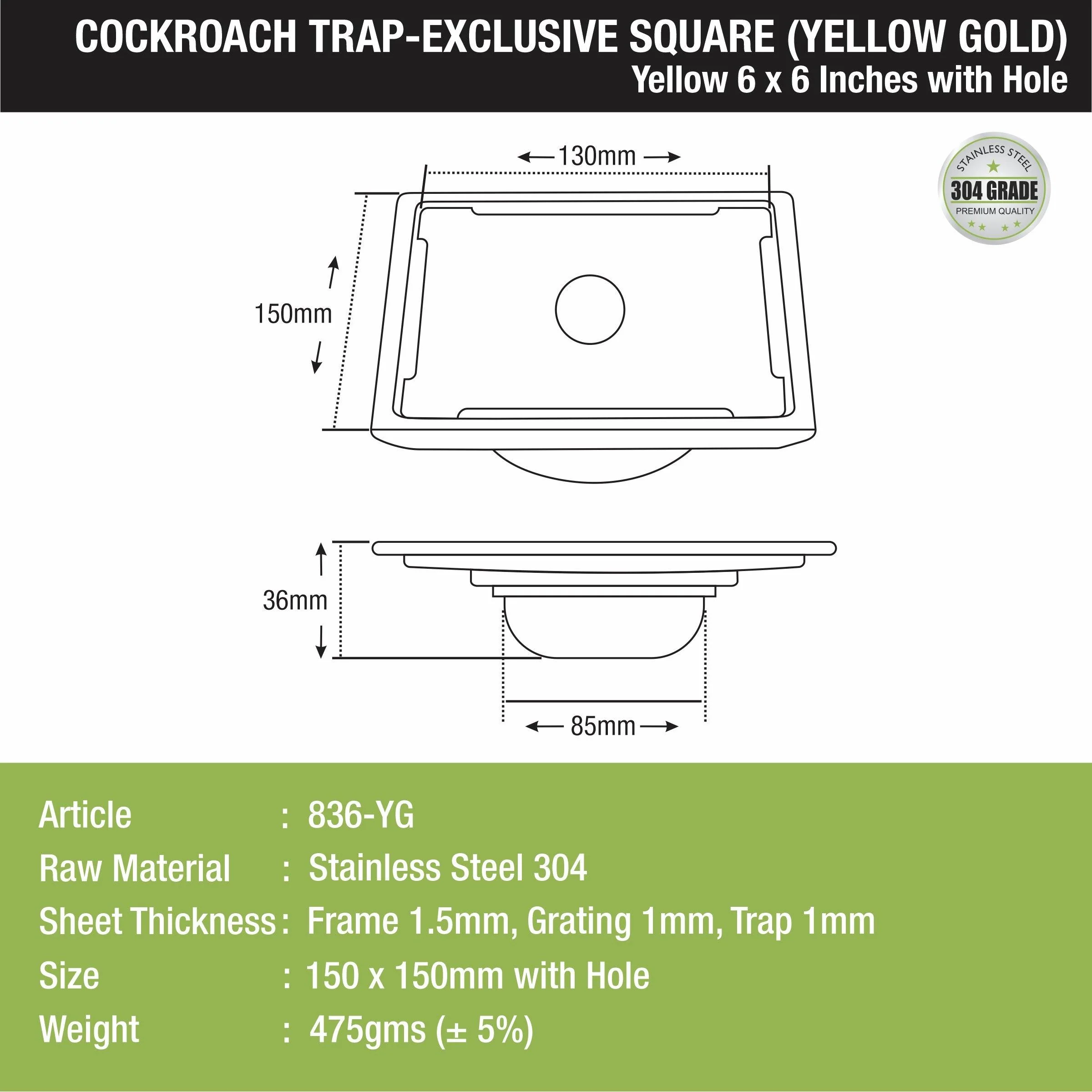 Yellow Exclusive Square Floor Drain in Yellow Gold PVD Coating (6 x 6 Inches) with Hole & Cockroach Trap - LIPKA - Image 2