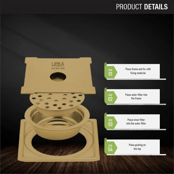 Yellow Exclusive Square Floor Drain in Yellow Gold PVD Coating (6 x 6 Inches) with Hole & Cockroach Trap - LIPKA - Image 3