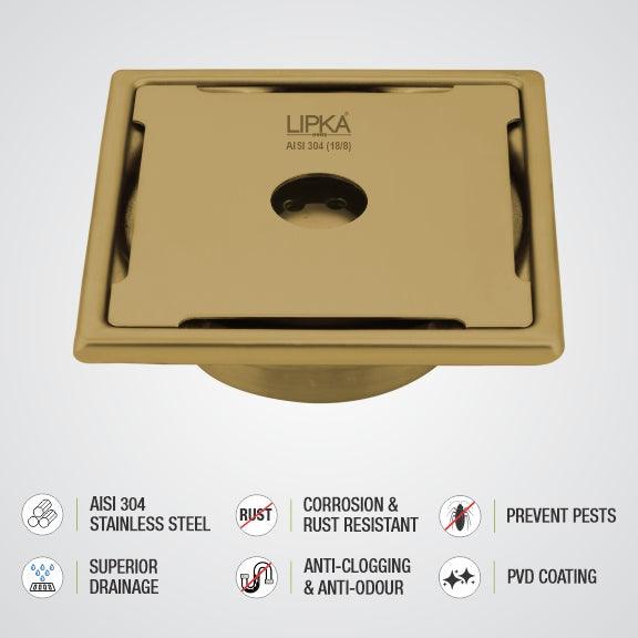 Yellow Exclusive Square Floor Drain in Yellow Gold PVD Coating (6 x 6 Inches) with Hole & Cockroach Trap - LIPKA - Image 4